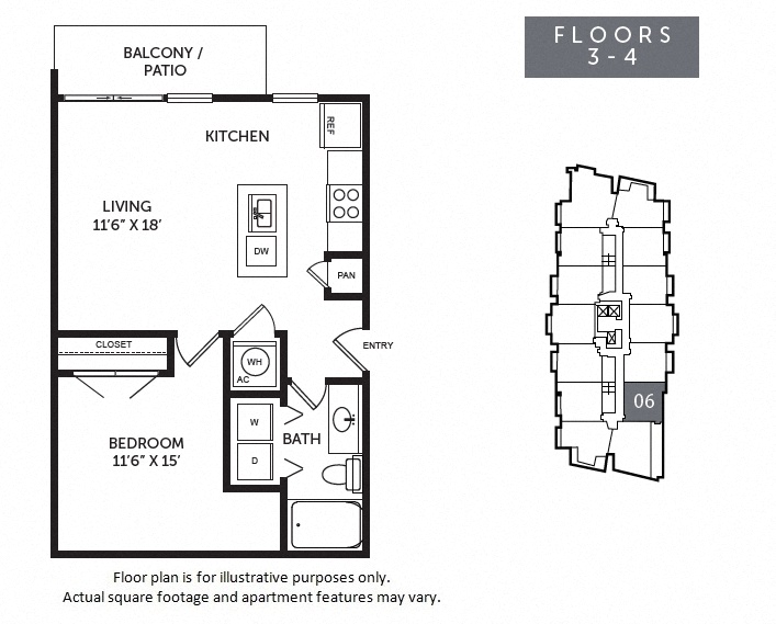 Floor plan for 1 bed, 1 bath, 681 sqft